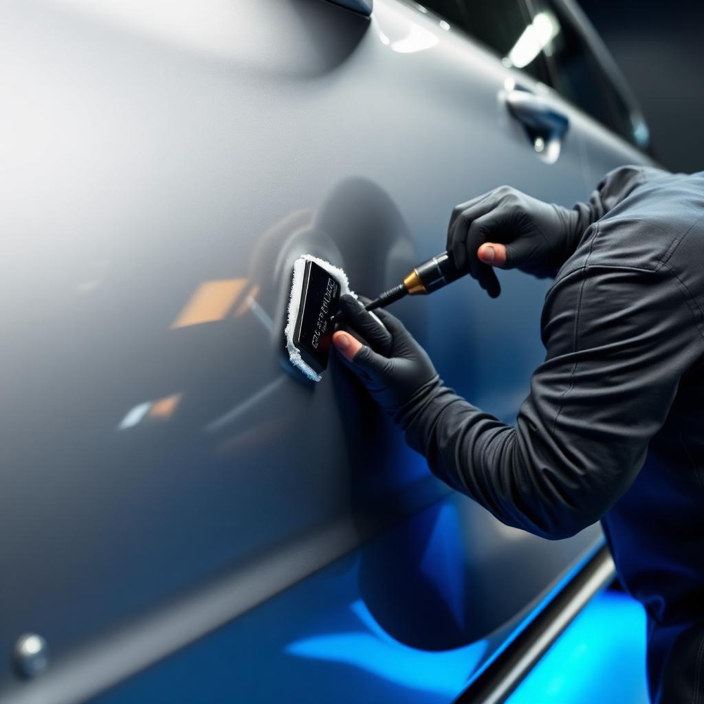 Detailer hand-applying wax to a vehicle panel