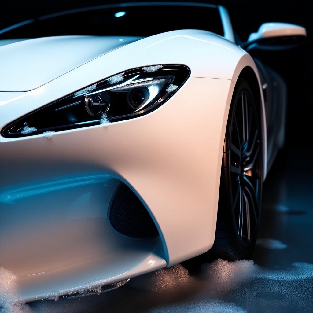 White luxury coupe during foam exterior detailing